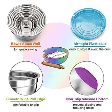 TeamFar Mixing Bowls, Stainless Steel Mixing Bowls with Lids, Nesting Salad Bowls with Air-tight Lid...