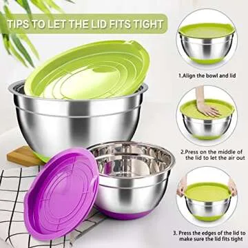 TeamFar Mixing Bowls, Stainless Steel Mixing Bowls with Lids, Nesting Salad Bowls with Air-tight Lids & Non-slip Bottom, Dishwasher Safe & Stackable, Set of 6-4.6/2.6/2 / 1.5/1 / 0.7 Qt