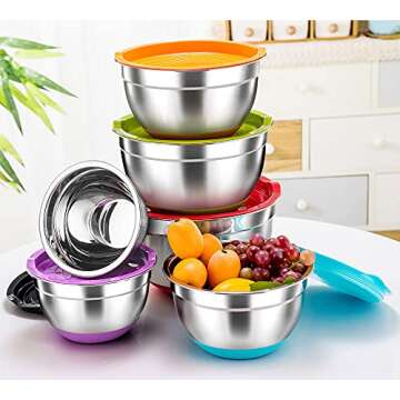 TeamFar Mixing Bowls, Stainless Steel Mixing Bowls with Lids, Nesting Salad Bowls with Air-tight Lids & Non-slip Bottom, Dishwasher Safe & Stackable, Set of 6-4.6/2.6/2 / 1.5/1 / 0.7 Qt