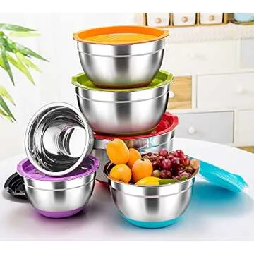 TeamFar Mixing Bowls, Stainless Steel Mixing Bowls with Lids, Nesting Salad Bowls with Air-tight Lids & Non-slip Bottom, Dishwasher Safe & Stackable, Set of 6-4.6/2.6/2 / 1.5/1 / 0.7 Qt