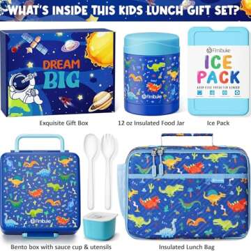 Fimibuke Kids Bento Snack Lunch Box with 4 Compartment, Insulated Bag, Stainless Steel Vacuum Thermo...