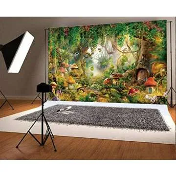 10x8FT Spring Magic Forest Backdrop Large Size Jungle Tree Vine Mushroom Wonderland Decoration Misty Enchanted World Green Photo Photography Background for Girl Birthday Party Banner