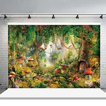 10x8FT Spring Magic Forest Backdrop Large Size Jungle Tree Vine Mushroom Wonderland Decoration Misty Enchanted World Green Photo Photography Background for Girl Birthday Party Banner