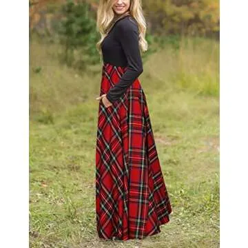 Stylish MEROKEETY Women's Long Sleeve Tartan Maxi Dress