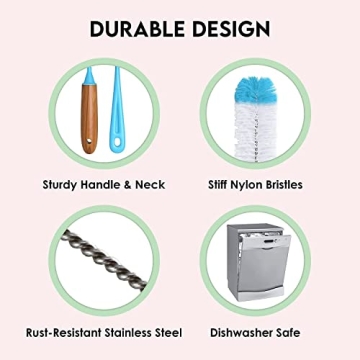 Turbo Microfiber Bottle Brush Cleaner Pack - Set of 5 Bottle Brushes for Cleaning Baby Bottles, Water Bottles, Tumblers, Wine Decanters, Flask, Bong, Vase Cleaner - One Straw Cleaner Brush
