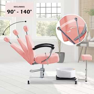 OKAKOPA Pedicure Station Chair W/Footrest and Foot Basin, 360 Swivel Reclining Pedicure Chair w/Hydraulic Adjustable Height and Headrest - Pink