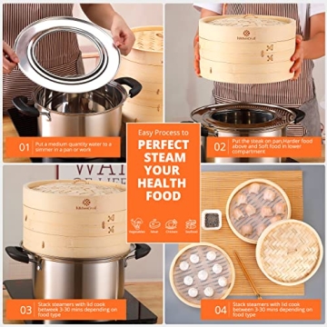 KITCHENCRUST 2-Tier Bamboo Steamer - Healthier Asian Cuisine Made Easy