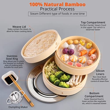 KITCHENCRUST 2-Tier Bamboo Steamer - Healthier Asian Cuisine Made Easy