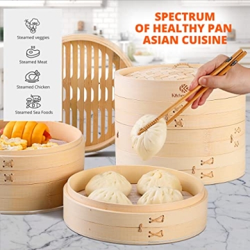 KITCHENCRUST 2-Tier Bamboo Steamer - Healthier Asian Cuisine Made Easy