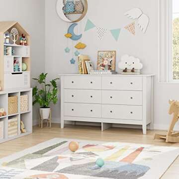 FOTOSOK White Dresser, Chest of Drawers, Modern 6 Drawer Double Dresser with Deep Drawers, Nursery Dresser for Baby, Wide Storage Organizer Cabinet for Living Room, Hallway,White