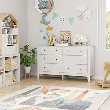 FOTOSOK White Dresser, Chest of Drawers, Modern 6 Drawer Double Dresser with Deep Drawers, Nursery Dresser for Baby, Wide Storage Organizer Cabinet for Living Room, Hallway,White