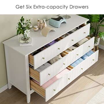 FOTOSOK White Dresser, Chest of Drawers, Modern 6 Drawer Double Dresser with Deep Drawers, Nursery Dresser for Baby, Wide Storage Organizer Cabinet for Living Room, Hallway,White