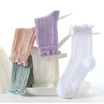 Taous Assam Girls Crew Socks Seamless Cotton Ruffles Ankle Socks Kids School Socks Dress Socks 5 Pai...