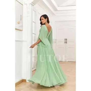 HUUTOE Women's Bridesmaid Dresses 2025 Burgundy Long with Batwing Sleeves V Neck Empire Waist A-Line Flowly Chiffon Formal Wedding Party Gowns with Slit L US10