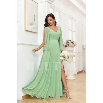 HUUTOE Women's Bridesmaid Dresses 2025 Burgundy Long with Batwing Sleeves V Neck Empire Waist A-Line Flowly Chiffon Formal Wedding Party Gowns with Slit L US10