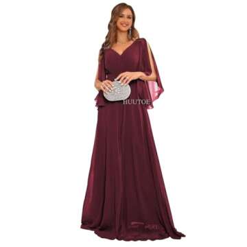 HUUTOE Women's Bridesmaid Dresses 2025 Burgundy Long with Batwing Sleeves V Neck Empire Waist A-Line Flowly Chiffon Formal Wedding Party Gowns with Slit L US10