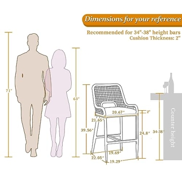 PURPLE LEAF Outdoor Counter Height Bar Stool Chair Set of 2 Modern Patio Metal Stools with Backrest and Arm, Cushions Included