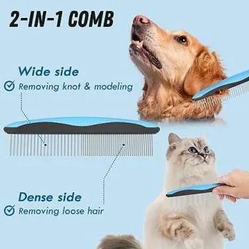 Docrok Pet Grooming Combo - Blue Deshedding Brush with Metal Comb for Detangling and Dematting Long, Matted Fur on Cats and Dogs