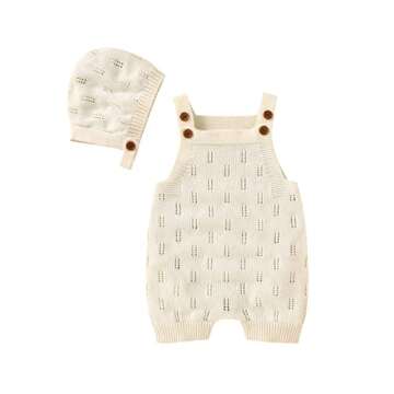 LAWKUL Baby Knit Romper Sleeveless with Hat 100% Cotton Jumpsuit Newborn Overall Bodysuit One Piece Outfit 2pcs White 0-6M