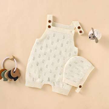 LAWKUL Baby Knit Romper Sleeveless with Hat 100% Cotton Jumpsuit Newborn Overall Bodysuit One Piece Outfit 2pcs White 0-6M