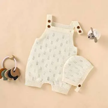 LAWKUL Baby Knit Romper Sleeveless with Hat 100% Cotton Jumpsuit Newborn Overall Bodysuit One Piece Outfit 2pcs White 0-6M