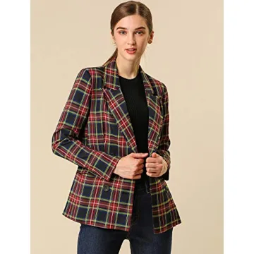 Allegra K Women's Notched Lapel Double Breasted Work Formal Blazer Jacket Large Dark Blue