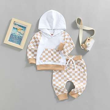 Toddler Baby Boy Girl Fall Winter Clothes Checkerboard Plaid Hoodie Sweatshirt Tops Elastic Waist Pants Set 2PCS Outfit (B Yellow, 12-18 Months)