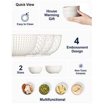 LE TAUCI Small Bowls 12 OZ, Ice Cream Bowl, Ceramic Embossment Stoneware Bowl, Bowls Set for Dessert, Fruits, Side Dishes, Suit For Housewarming - 4.5 Inch, Set of 4, Arctic white