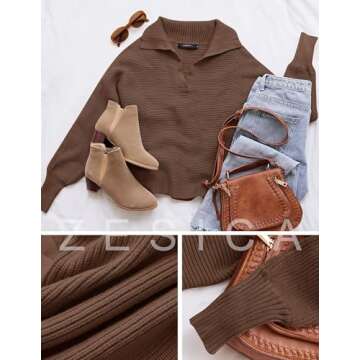 ZESICA Women's 2024 Fall Lapel Collar V Neck Long Sleeve Ribbed Knit Comfy Loose Casual Pullover Sweater Jumper Top,Coffee,Small