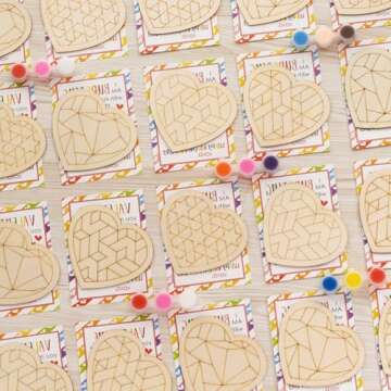 GEECOZYLIFE Valentines Day Gifts for Kids - 28 Pack Heart Barn Quilt Mosaics Kits with Valentines Cards for Kids Classroom - Heart Barn Quilt Mosaics Craft Valentines Day Cards for Kids School