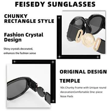 FEISEDY Chunky Rectangle 90s Sunglasses Men Women Crystal Sunglasses UV400 Sparkling Fahion Temple B2880