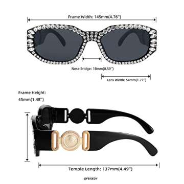 FEISEDY Chunky Rectangle 90s Sunglasses Men Women Crystal Sunglasses UV400 Sparkling Fahion Temple B2880