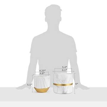 homenote White Ceramic Flower Pot Garden Planters 6/4.8 inch Pack 2 Indoor, Plant Containers with Marble Texture and Gold Detailing
