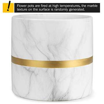 homenote White Ceramic Flower Pot Garden Planters 6/4.8 inch Pack 2 Indoor, Plant Containers with Marble Texture and Gold Detailing