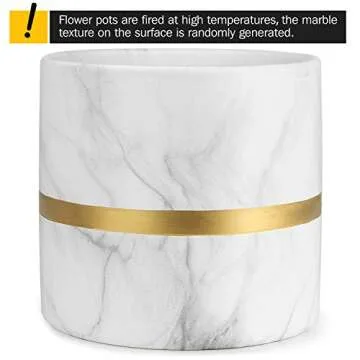 homenote White Ceramic Flower Pot Garden Planters 6/4.8 inch Pack 2 Indoor, Plant Containers with Marble Texture and Gold Detailing