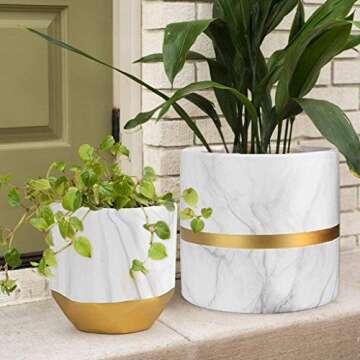 homenote White Ceramic Flower Pot Garden Planters 6/4.8 inch Pack 2 Indoor, Plant Containers with Marble Texture and Gold Detailing