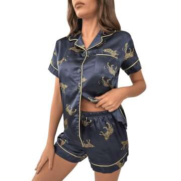 SweatyRocks Women's Short Sleeve Sleepwear Button Down Satin 2 Piece Pajama Set Black Leopard M
