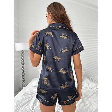 SweatyRocks Women's Short Sleeve Sleepwear Button Down Satin 2 Piece Pajama Set Black Leopard M