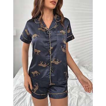 SweatyRocks Women's Short Sleeve Sleepwear Button Down Satin 2 Piece Pajama Set Black Leopard M