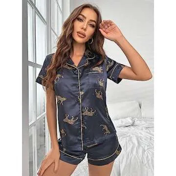 SweatyRocks Women's Short Sleeve Sleepwear Button Down Satin 2 Piece Pajama Set Black Leopard M