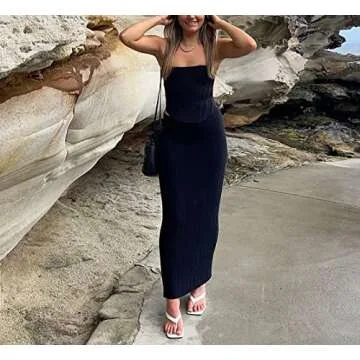 Meladyan Women High Waist Knit Long Maxi Skirt Stretchy Solid Slim Midi Skirts Strapless Bodycon Beach Dress Cover Up Black X-Small