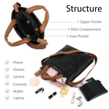 CANBOX Puffer Woven Tote Bag, PU Leather Crossbody Shoulder Bags, Large Hobo Purses Top-Handbags for Women - Black