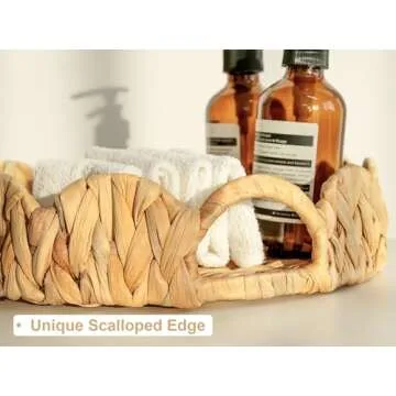 StorageWorks Scalloped Tray, Round Basket Tray Wicker Rattan Serving Tray with Handles, Scallop Basket Table Décor Trays, Water Hyacinth Round Rattan Tray for Ottoman Decorative and Organizer Trays