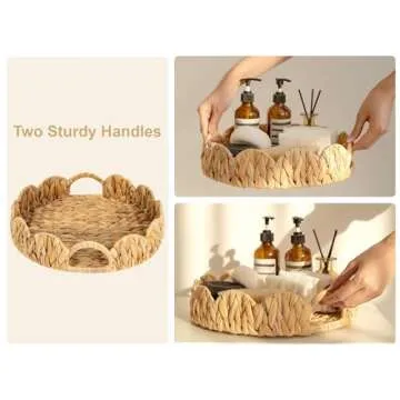 StorageWorks Scalloped Tray, Round Basket Tray Wicker Rattan Serving Tray with Handles, Scallop Basket Table Décor Trays, Water Hyacinth Round Rattan Tray for Ottoman Decorative and Organizer Trays