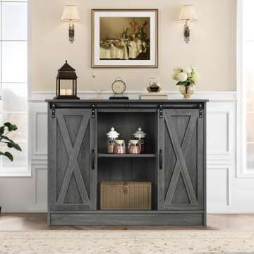 4ever2buy Farmhouse Coffee Bar Cabinet with Storage, 42” Kitchen Buffet Sideboard Cabinet with Sli...