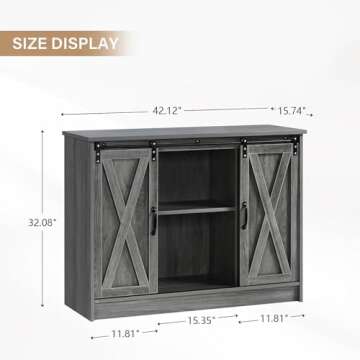 4ever2buy Farmhouse Coffee Bar Cabinet with Storage, 42” Kitchen Buffet Sideboard Cabinet with Sliding Barn Door, Grey Buffet Storage Cabinet with Adjustable Shelf for Living Dining Room