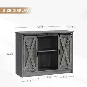 4ever2buy Farmhouse Coffee Bar Cabinet with Storage, 42” Kitchen Buffet Sideboard Cabinet with Sliding Barn Door, Grey Buffet Storage Cabinet with Adjustable Shelf for Living Dining Room