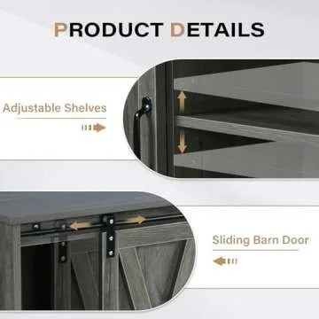 4ever2buy Farmhouse Coffee Bar Cabinet with Storage, 42” Kitchen Buffet Sideboard Cabinet with Sliding Barn Door, Grey Buffet Storage Cabinet with Adjustable Shelf for Living Dining Room