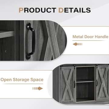 4ever2buy Farmhouse Coffee Bar Cabinet with Storage, 42” Kitchen Buffet Sideboard Cabinet with Sliding Barn Door, Grey Buffet Storage Cabinet with Adjustable Shelf for Living Dining Room