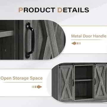 4ever2buy Farmhouse Coffee Bar Cabinet with Storage, 42” Kitchen Buffet Sideboard Cabinet with Sliding Barn Door, Grey Buffet Storage Cabinet with Adjustable Shelf for Living Dining Room